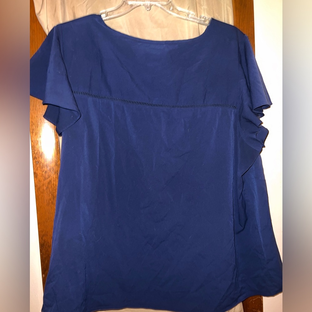 Lane Bryant, blue flutter sleeve with lace detail. Swing top.